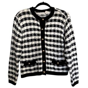 Vintage Liz Claiborne Knit Cotton Blend Plaid Gingham Button Cardigan